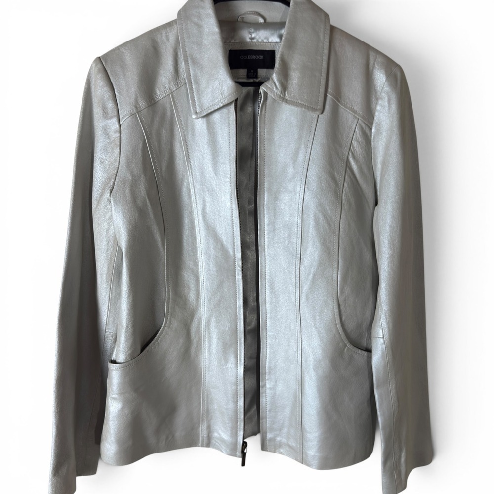 Vintage 90s Y2K White Leather Jacket -‎ Pearlescent/Cream Minimalist Zip Up Coat